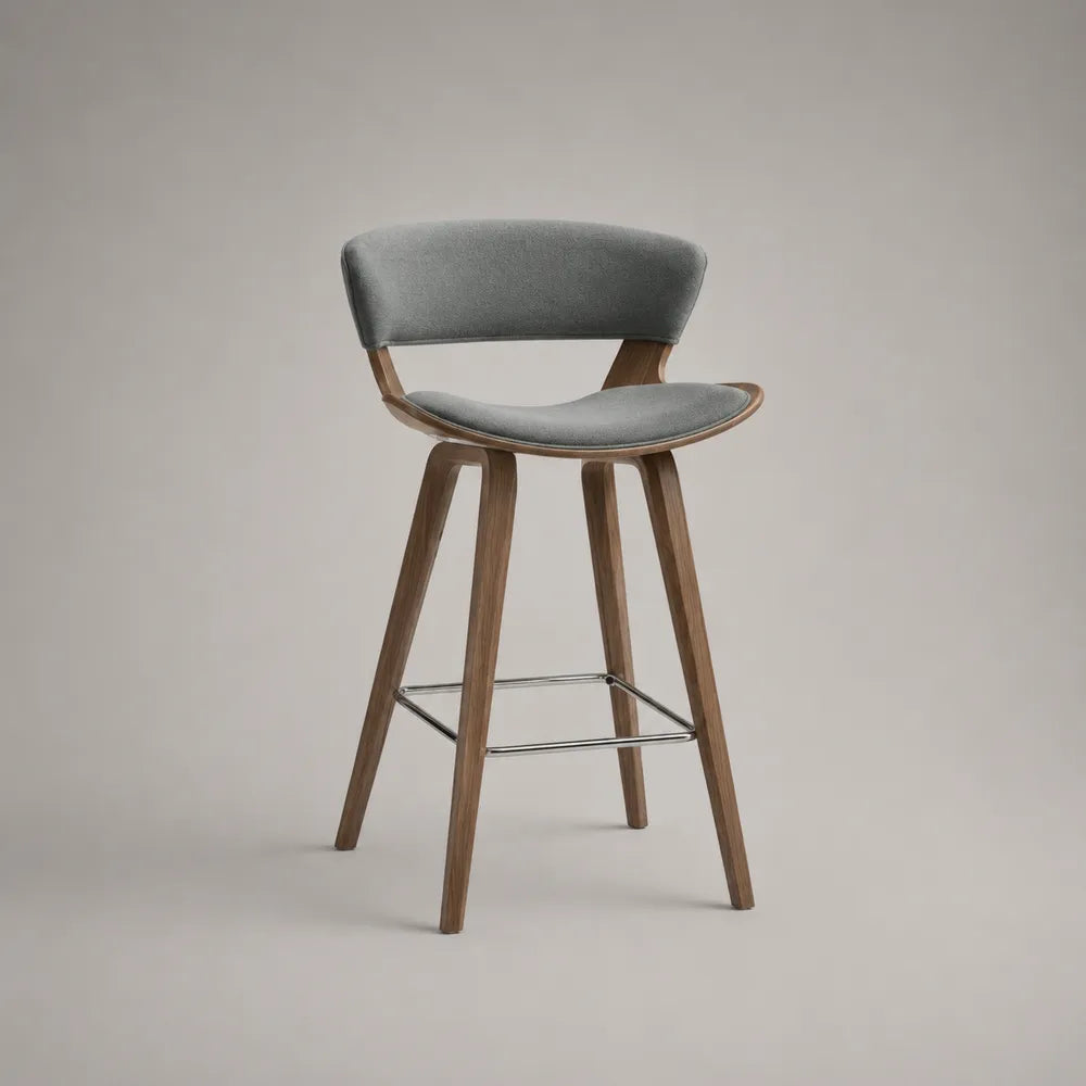 Sgabello da bar con schienale imbottito in tessuto poliestere grigio e struttura in legno 56x55x110 cm