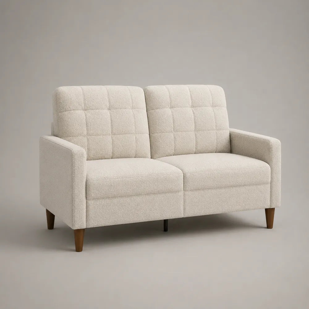 Divano 2 posti in tessuto bouclé beige con schienale trapuntato braccioli e gambe in legno 150 x 80 x 85 cm