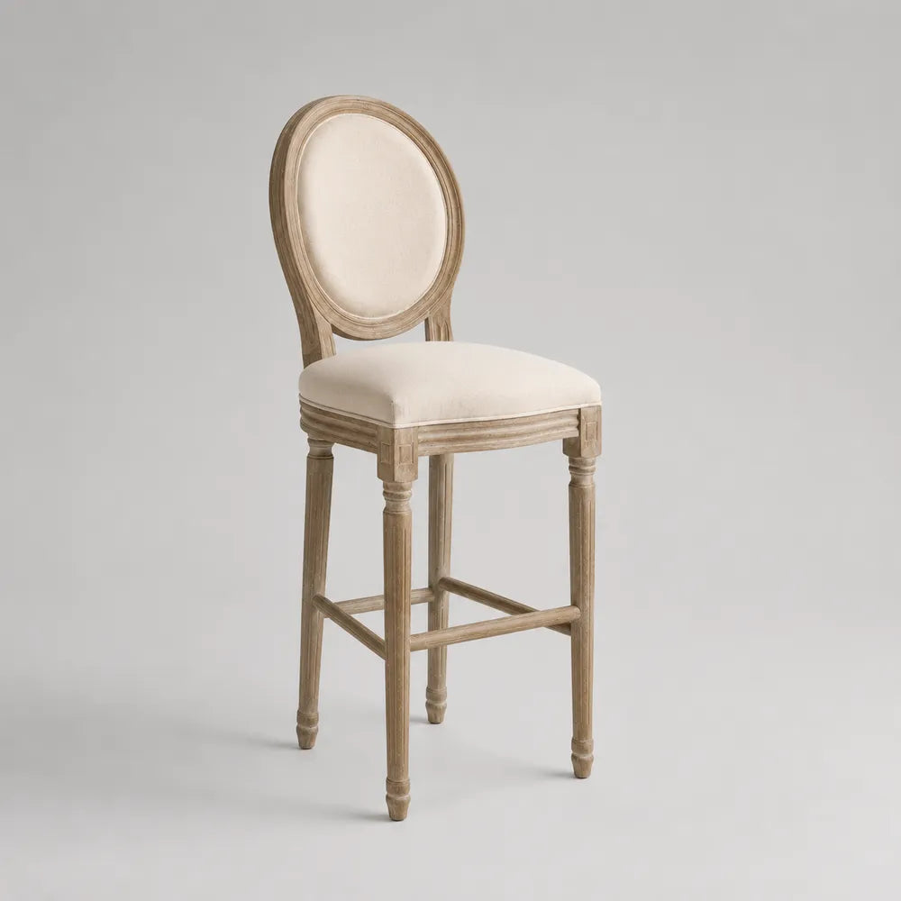 Sgabello da bar alto imbottito in tessuto beige con schienale ovale e struttura in legno chiaro 50 x 55 x 110 cm