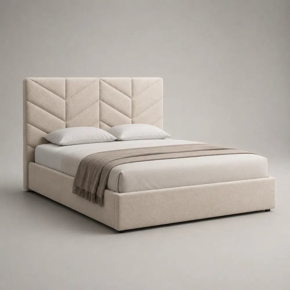 Letto contenitore matrimoniale imbottito con testiera trapuntata in tessuto poliestere beige 180 x 200 cm