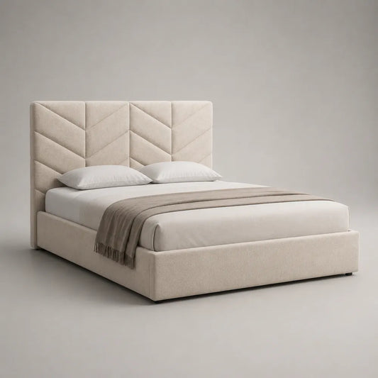 Letto contenitore matrimoniale imbottito con testiera trapuntata in tessuto poliestere beige 180 x 200 cm
