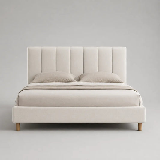 Letto matrimoniale contenitore imbottito con testiera verticale in tessuto beige 160x200 cm