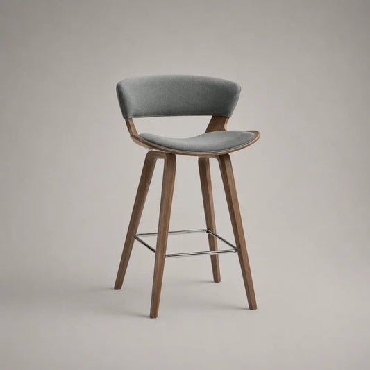 Sgabello da bar con schienale imbottito in tessuto poliestere grigio e struttura in legno 56x55x110 cm