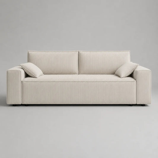 Divano 3 posti in tessuto a coste beige con braccioli e cuscini 240x95x85 cm