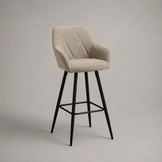 Sgabello da bar imbottito in tessuto beige con schienale e gambe in acciaio nero 50 x 55 x 105 cm