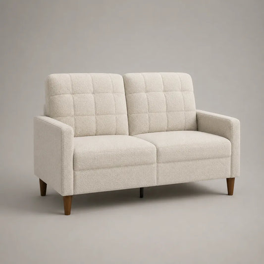 Divano 2 posti in tessuto bouclé beige con schienale trapuntato braccioli e gambe in legno 150 x 80 x 85 cm