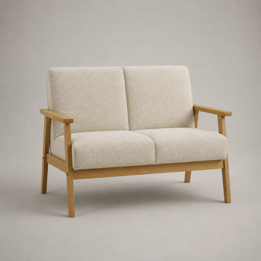 Divano 2 posti imbottito in tessuto bouclé beige con struttura in legno naturale 140 cm