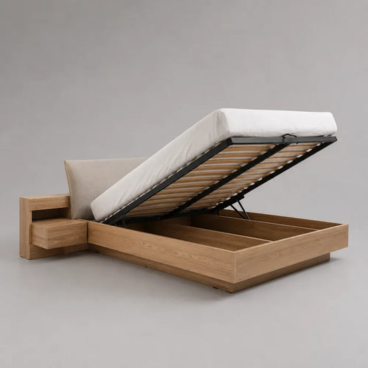 Letto contenitore matrimoniale con rete sollevabile e testiera imbottita in tessuto con struttura effetto rovere chiaro 160 x 200 cm
