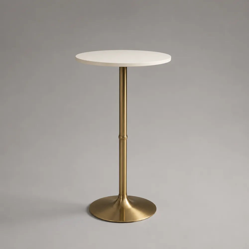 Tavolo bar rotondo alto in MDF bianco con base e colonna in acciaio dorato 60 x 60 x 105 cm