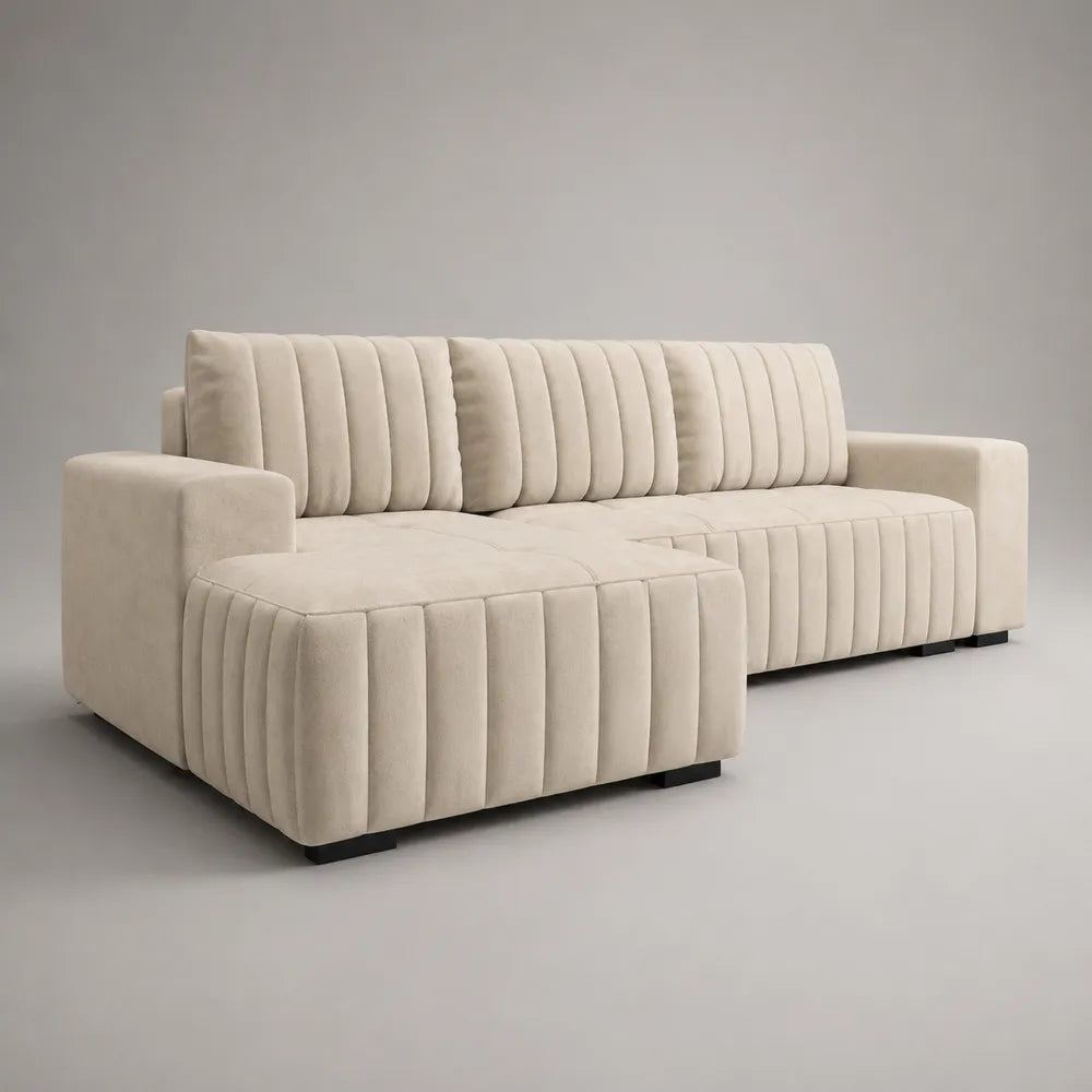 Divano angolare 5 posti imbottito in tessuto poliestere beige con chaise longue sinistra 280 cm