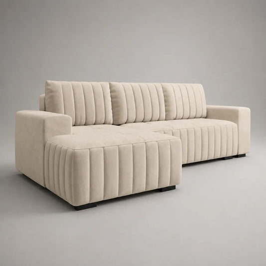 Divano angolare 5 posti imbottito in tessuto poliestere beige con chaise longue sinistra 280 cm