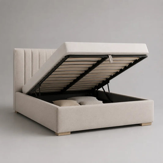 Letto contenitore matrimoniale imbottito con testiera alta in tessuto poliestere beige 180 x 200 cm