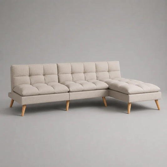 Divano angolare con chaise longue in tessuto poliestere beige struttura imbottita con gambe in legno 280 x 90 x 85 cm