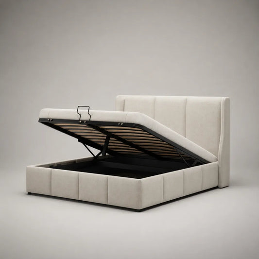 Letto contenitore matrimoniale imbottito in tessuto beige con rete sollevabile 160 x 200 cm