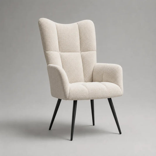 Poltrona da soggiorno imbottita in tessuto bouclé beige con schienale alto trapuntato e gambe in acciaio nero 75 x 80 x 90 cm