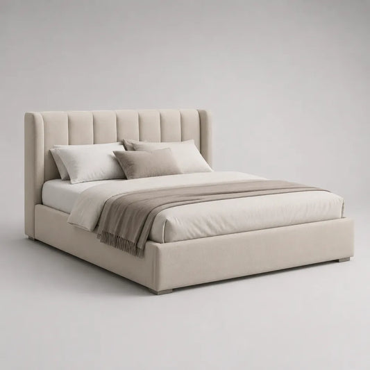 Letto contenitore matrimoniale imbottito in tessuto beige con testiera verticale e rete sollevabile 160 x 200 cm