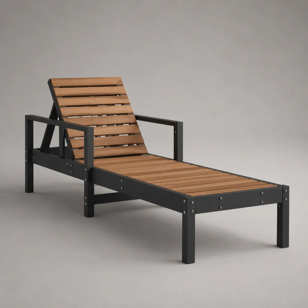 Lettino prendisole da giardino reclinabile in legno di acacia e acciaio verniciato nero marrone naturale 200 x 70 x 80 cm