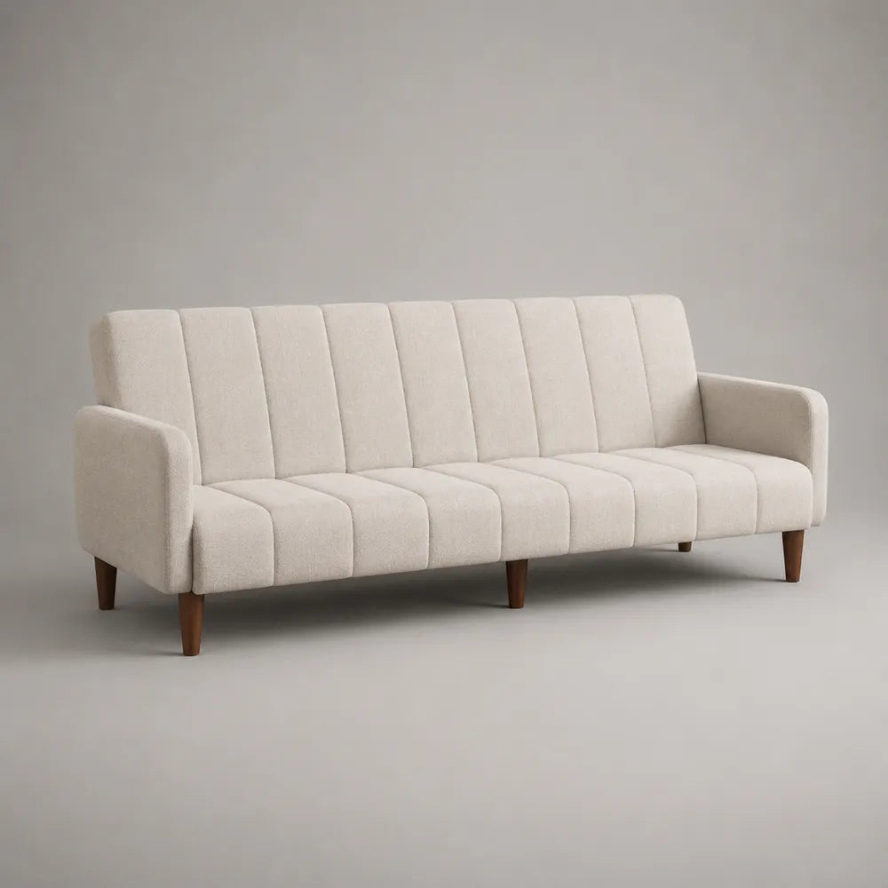 Divano 3 posti in tessuto beige con braccioli e gambe in legno 220x90x85 cm