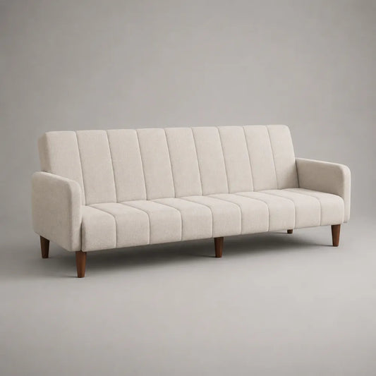 Divano 3 posti in tessuto beige con braccioli e gambe in legno 220x90x85 cm